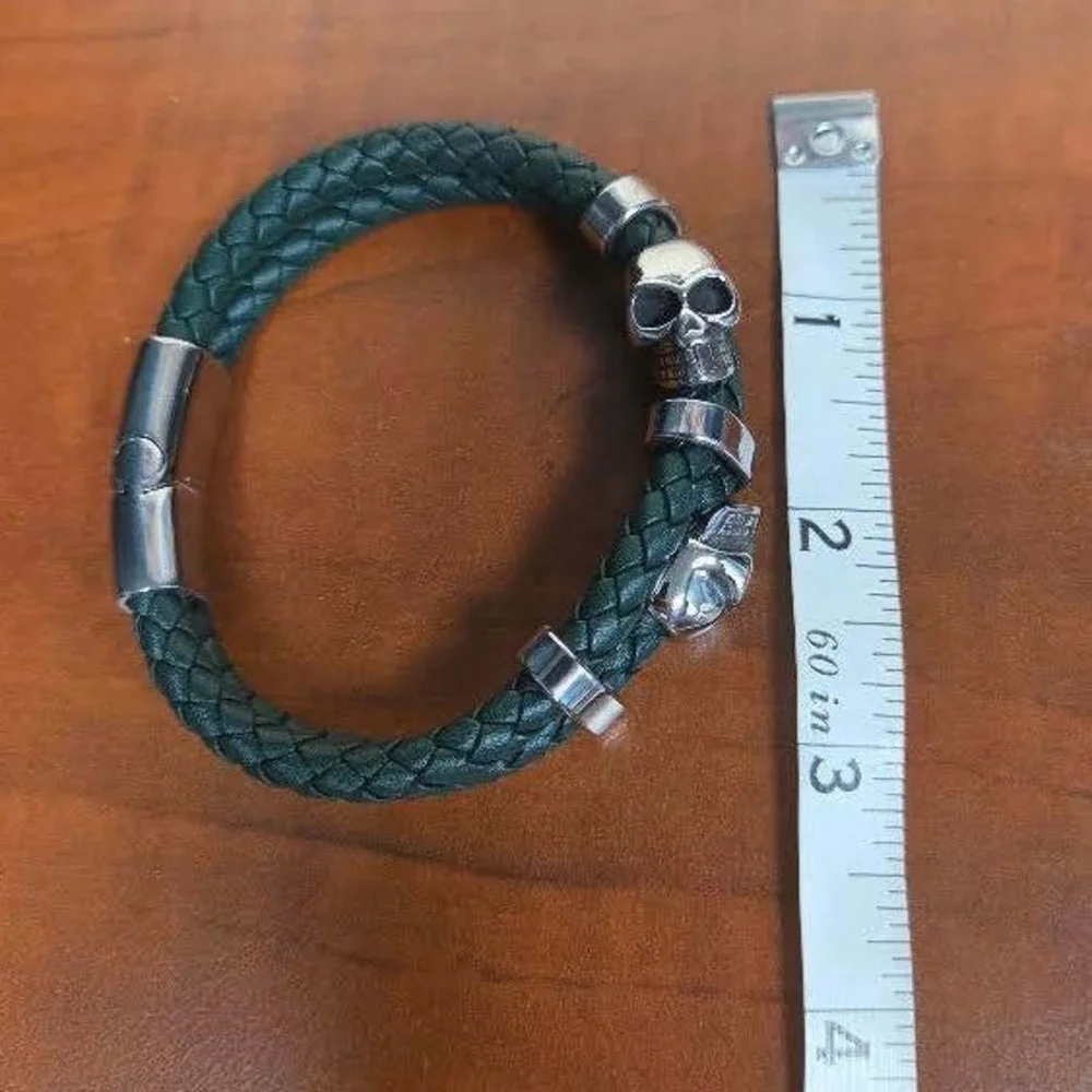 Green Braided Leather Skull Bracelet Silver Magnetic Clasp Gothic Biker